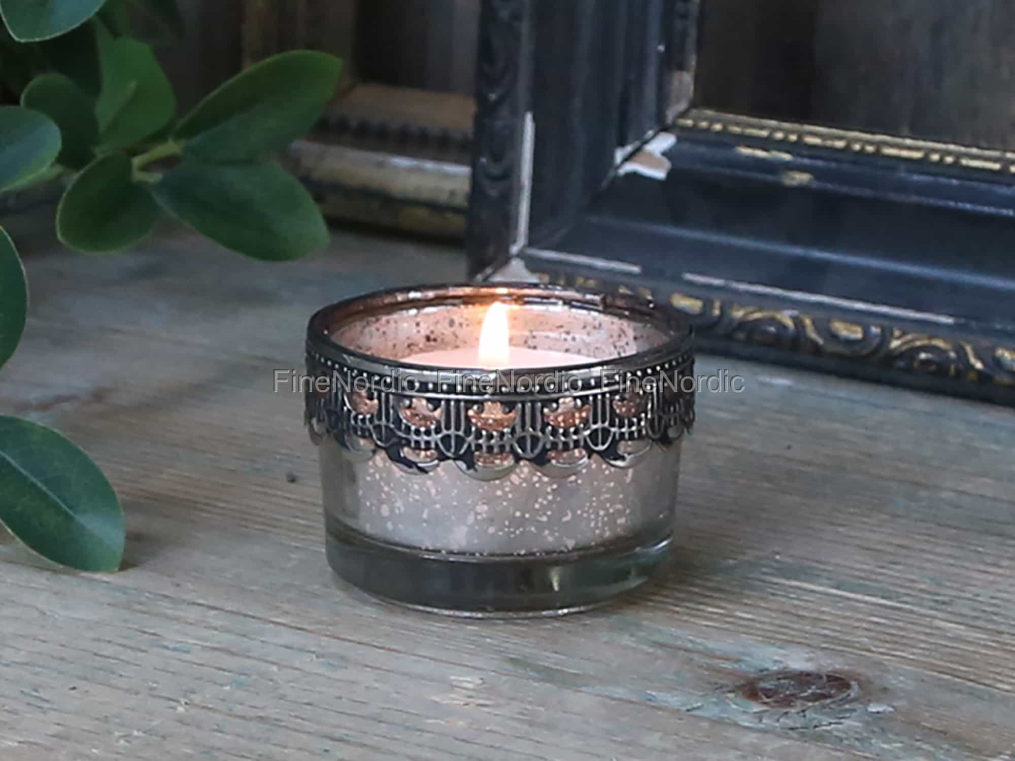 Chic Antique Teelichthalter mit Silber-Dekor Niedrig Antique Silber