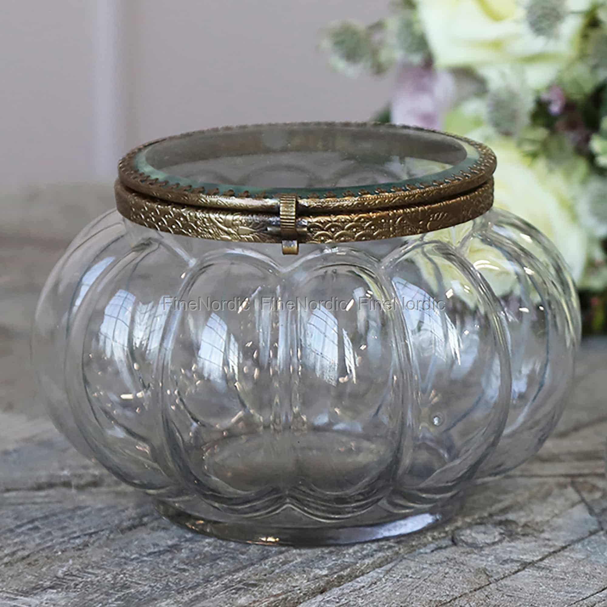Chic Antique Glaskasten mit Glasdeckel und Messing Dekor Kürbis Groß