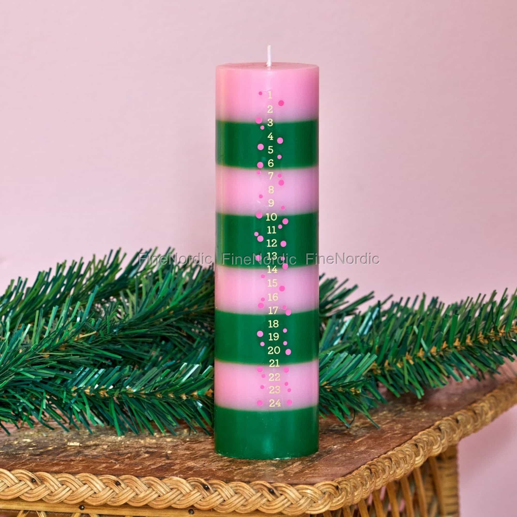 Rice Kalenderkerze - Gestreiften - Rosa und Grün mit Gold Zahlen