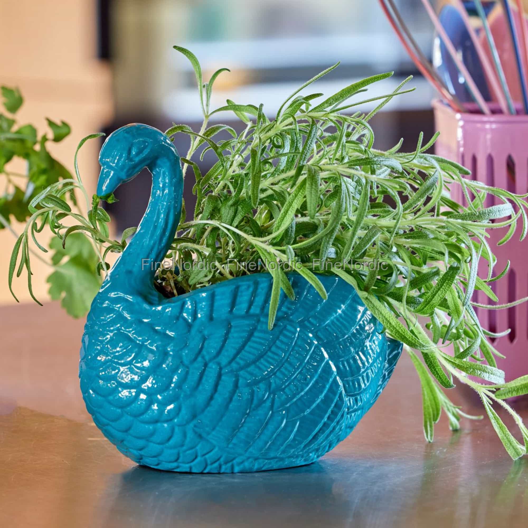 Rice Metall Blumentopf - Schwan-Form - Blau-Grn - Klein