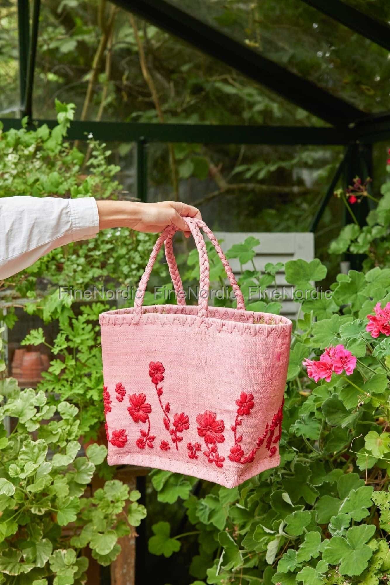 RICE Raffia Shopper Mit Blumen-Stickerei - Handgefertigte Naturfaser-Tasche 36x24x33cm
